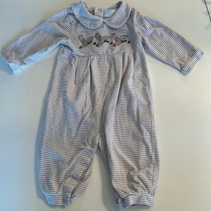 Cecil and Lou 9 months Valentine’s long romper (mallard and hearts)